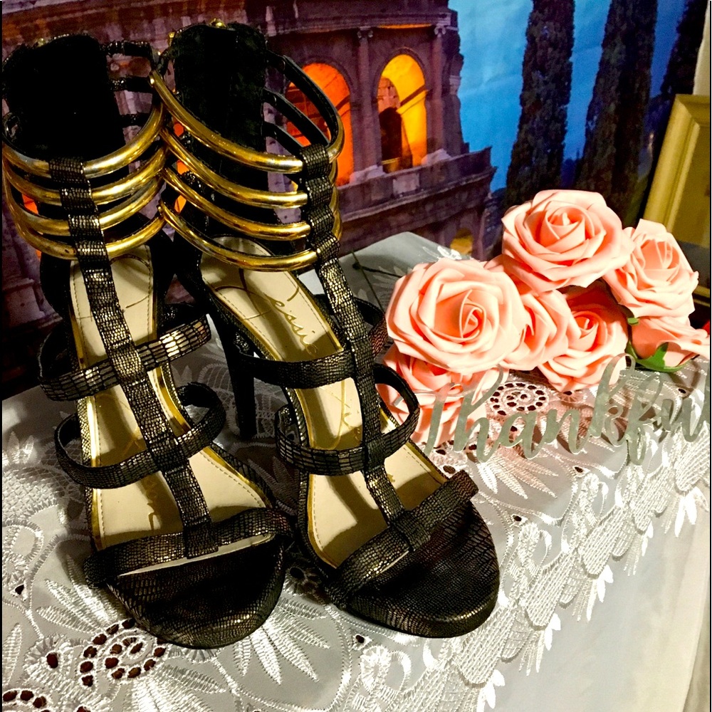 Jessica Simpson Black & Gold Stilettos (size 8M)
